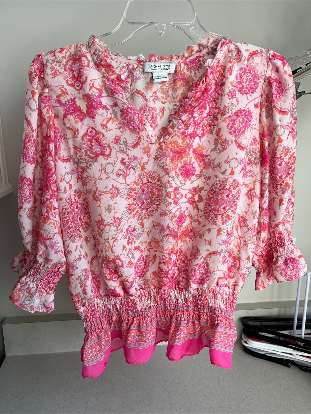 Rachel Zoe Pink & Coral Floral Ruffle-Neck Top